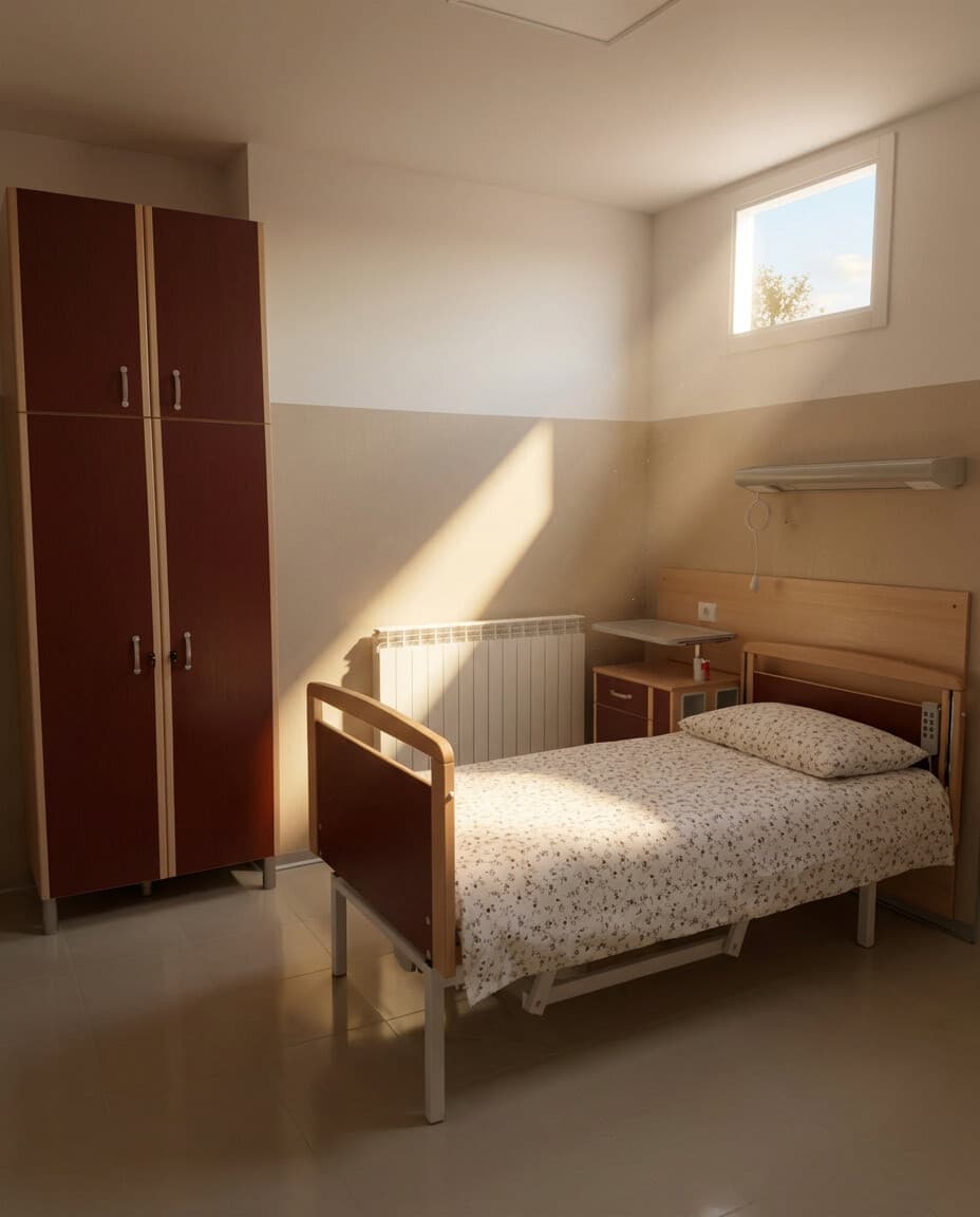 Camera di una RSA con letto e armadio su misura realizzati da BiElle